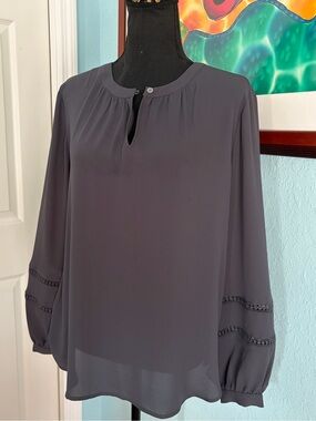 NWT! LOFT gray, flowy long-sleeve blouse w/ sleeve detailing- size Small